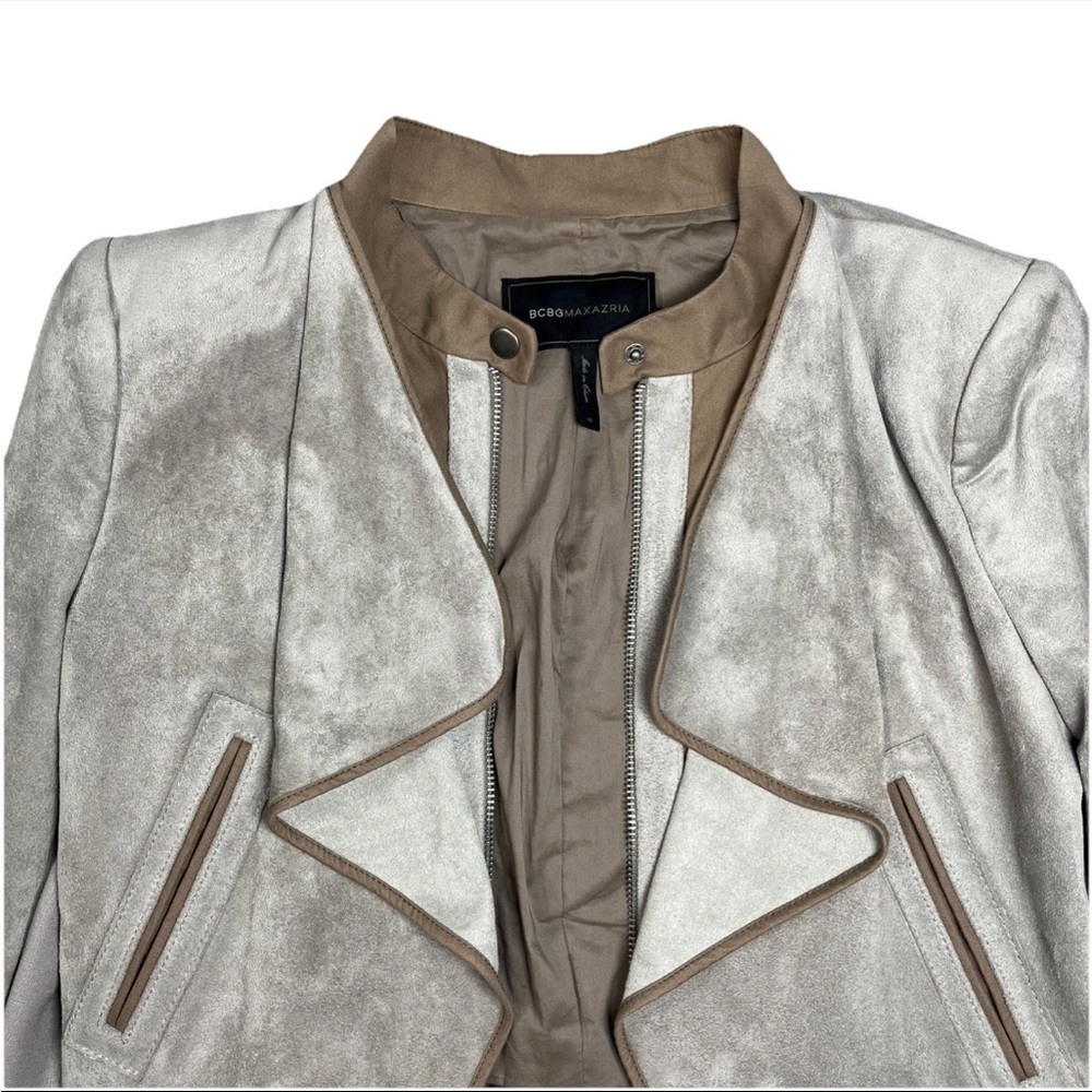 BCBG Maxazria Long Sleeve Sloan Faux Suede Cropped Moto Jacket Gray Tan Medium - Picture 4 of 16